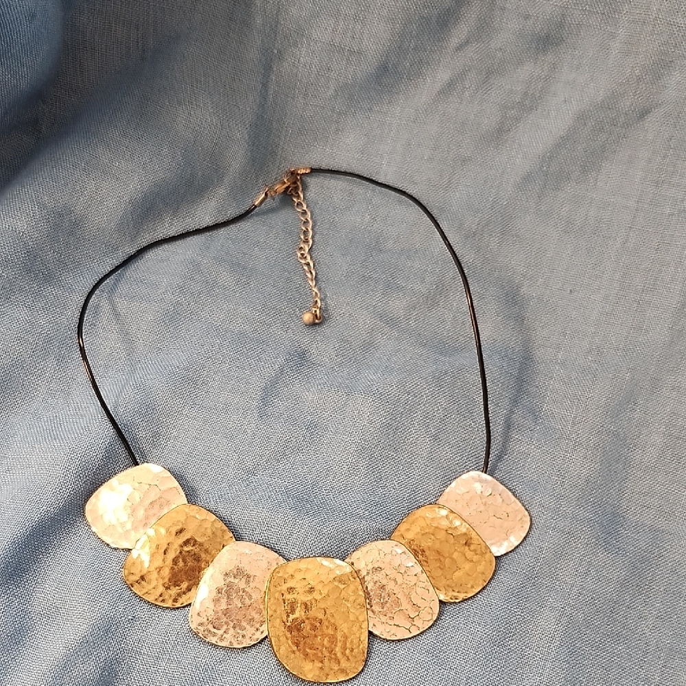 Chic Gold & Silver Tone Hammered Disc Necklace on Black Cord